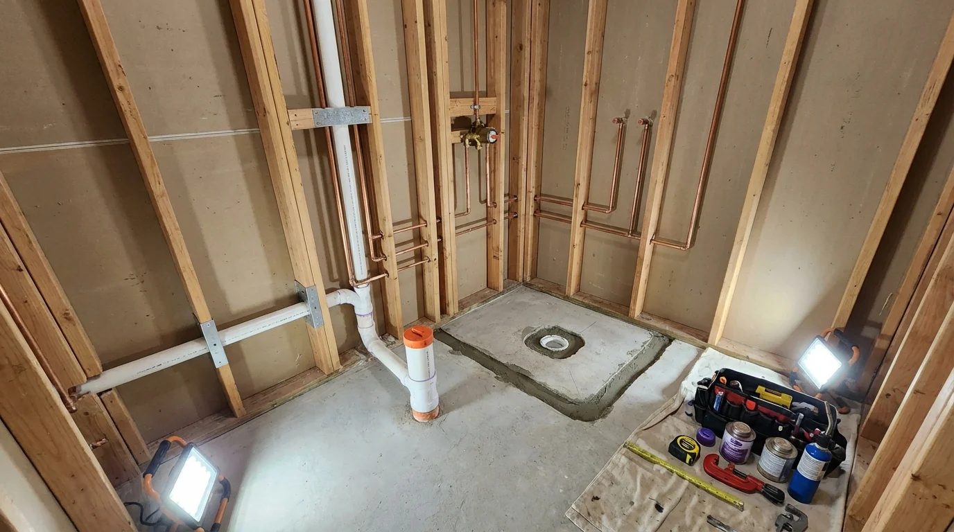 Bathroom rough-in plumbing during remodel by Johns Plumbing LLC in Wrightsville