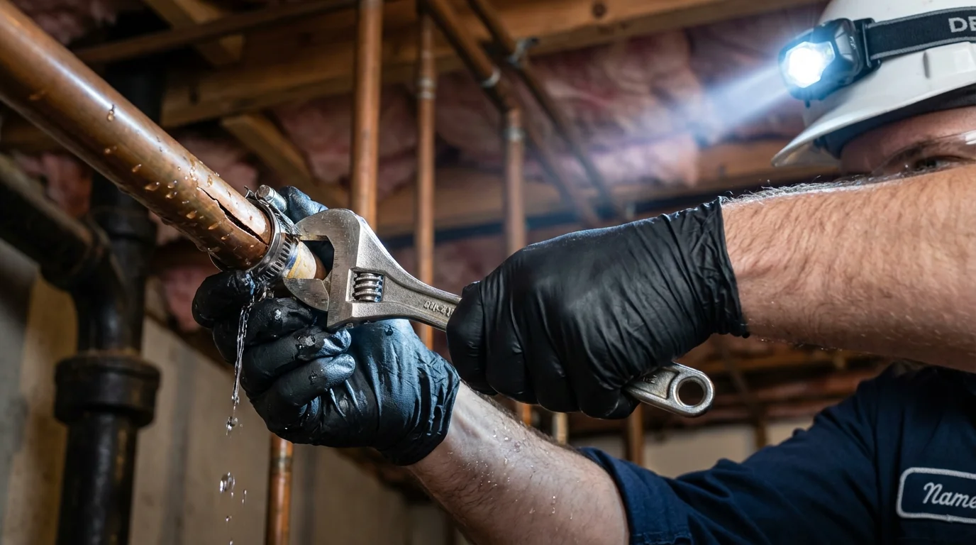 Emergency pipe clamp repair being performed by a Johns Plumbing LLC plumber in Wrightsville