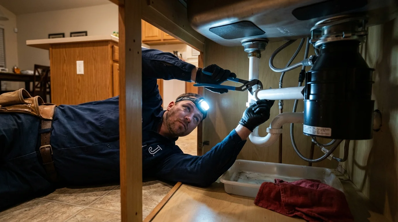P-trap and supply line connections under a kitchen sink showing a common leak point in Wrightsville, PA